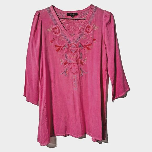 Andree By Unit Women's Tunic Blouse Top Pink Small Floral Embroidered V-Neck - Picture 1 of 8